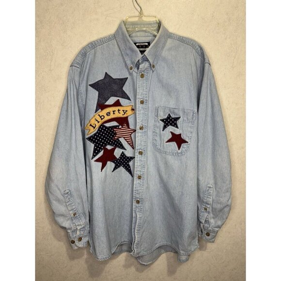 THREE RIVERS Vintage Mens Denim Embroidered Patriotic Stars USA Flag LARGE - Picture 2 of 12